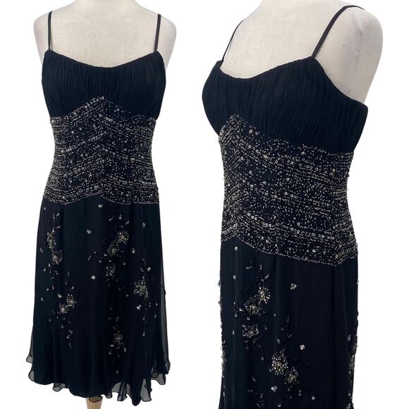 Vintage Y2k Bicici Silk Beaded Dress Empire Waist Pleated Silver Black Womens 10 - Picture 2 of 13
